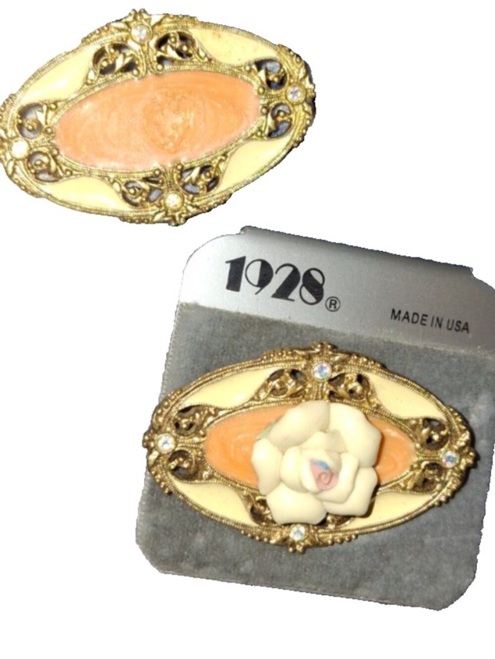 1928 romantic Porcelain Rose Brooches one new on card bonus one missing flower